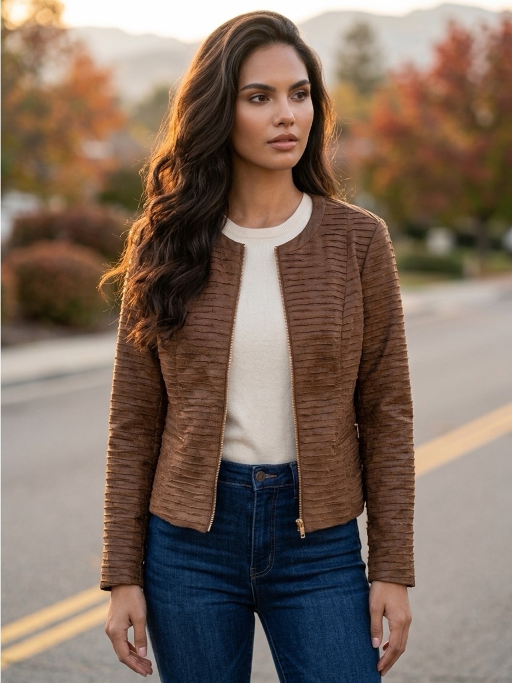 Women's Brown Textured Zip-Front Faux  Leather Jacket